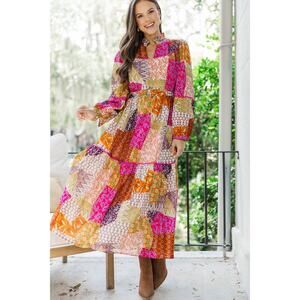 Fate Happy For You Fuchsia Pink Patchwork Boho Midi Dress. Size Medium